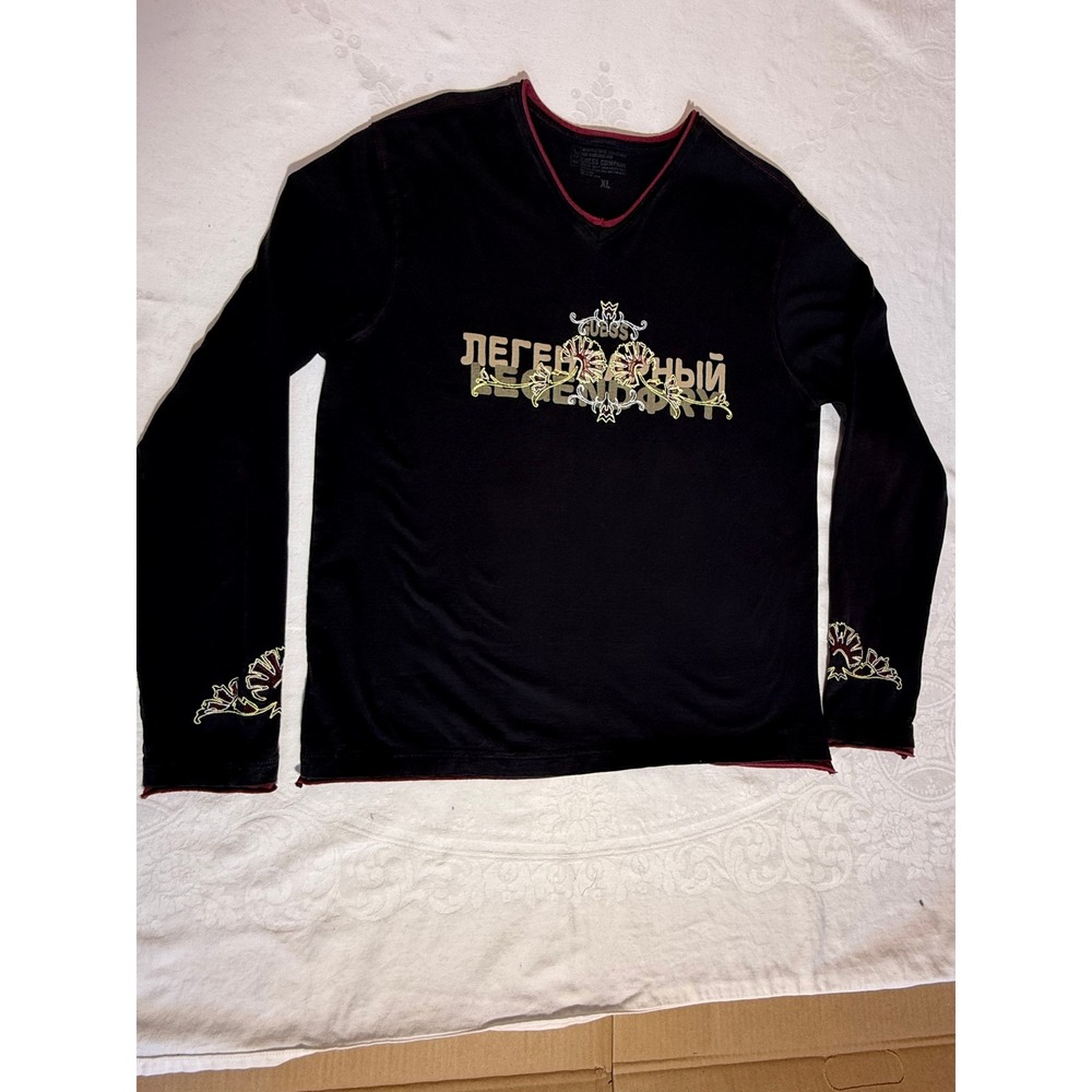 Guess Mens XL V-Neck Long Sleeve Shirt Black Legendary Embroidered Graphic Tee
